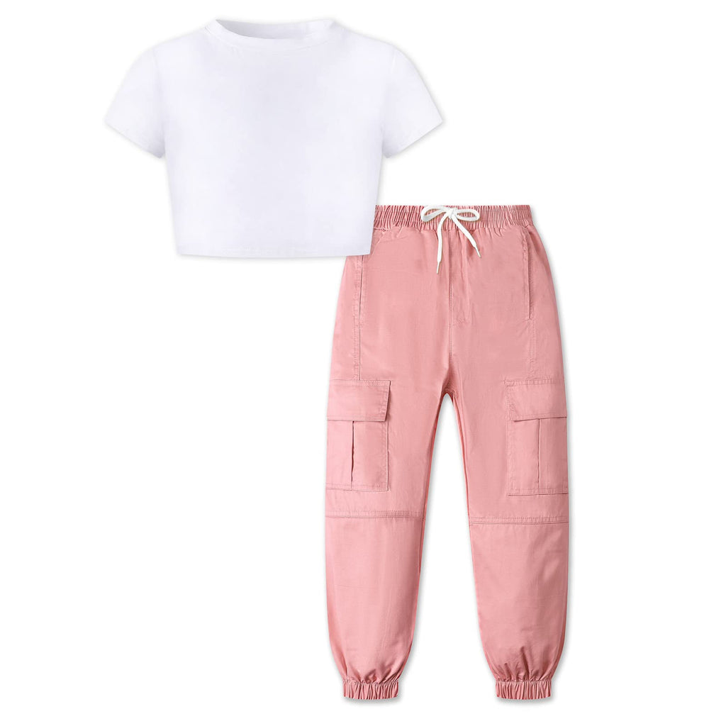White crop top and pink cargo jogger pants on a white background