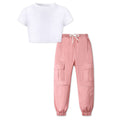 White crop top and pink cargo jogger pants on a white background